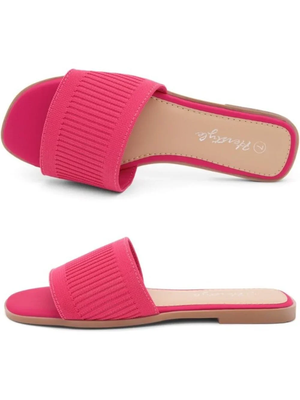 Women's Fuchsiakn Knit Slides Flats Square Open Toe Slip On Dressy Summer Shoes